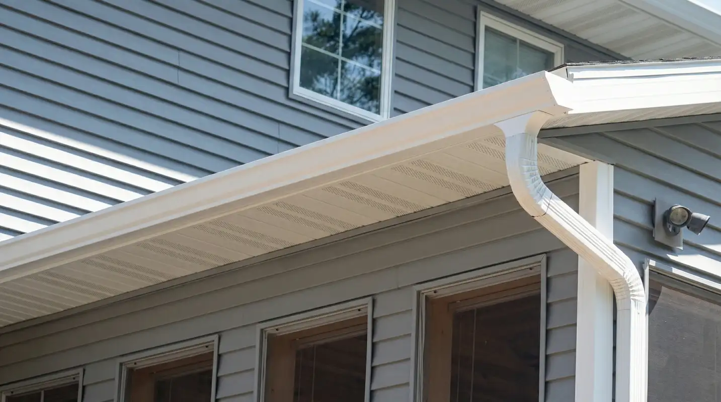 Professional home remodeling project showing newly installed white seamless gutters and downspouts on a house with gray siding in Wichita, KS