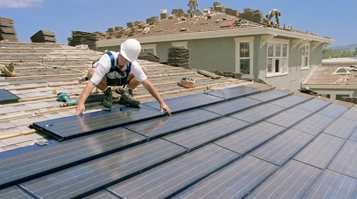 Roof replacement expert installing modern solar shingles on a residential home in Wichita, KS