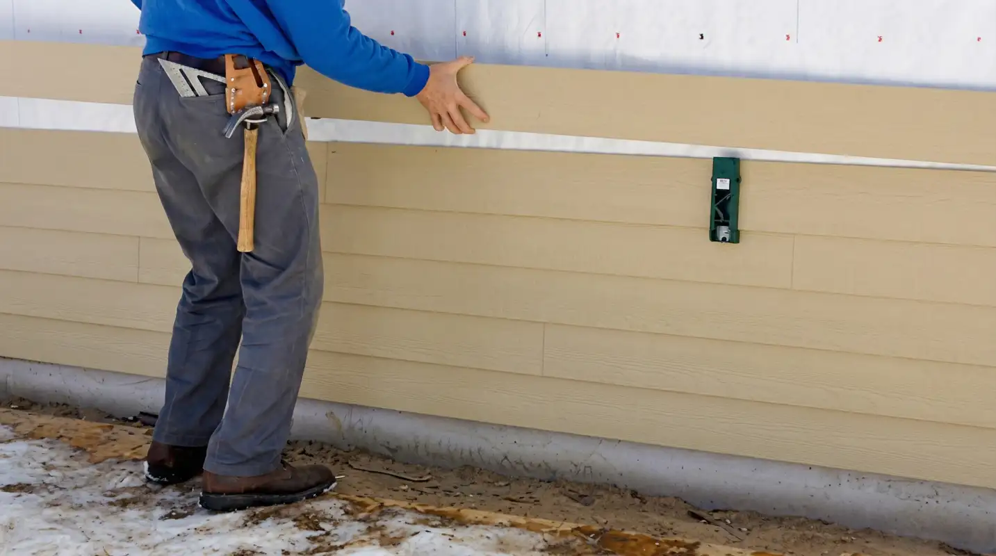Siding replacement expert carefully aligning a new tan siding panel onto a residential exterior wall in Wichita, KS