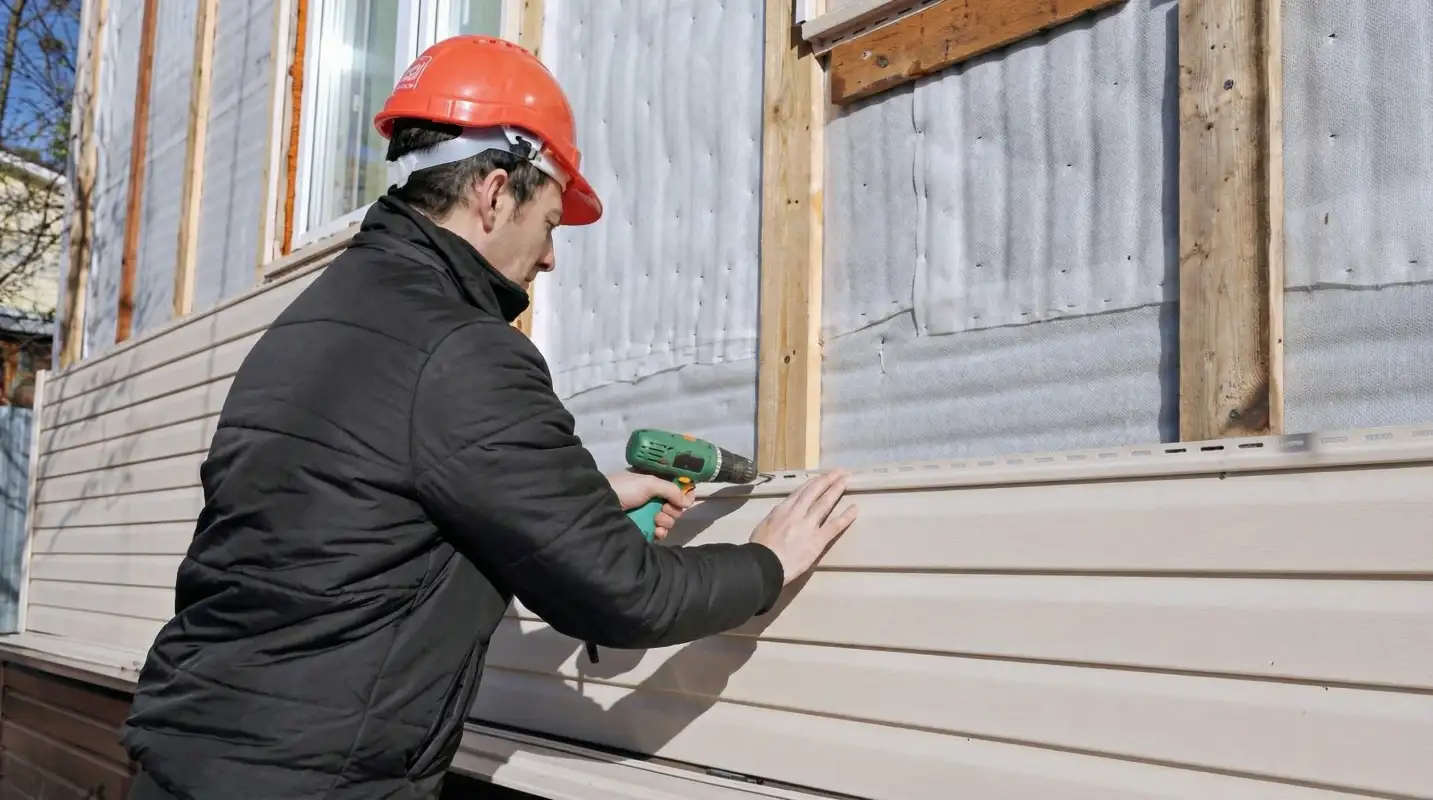 Siding replacement professional using a power drill to install new tan vinyl siding on a home exterior in Wichita, KS