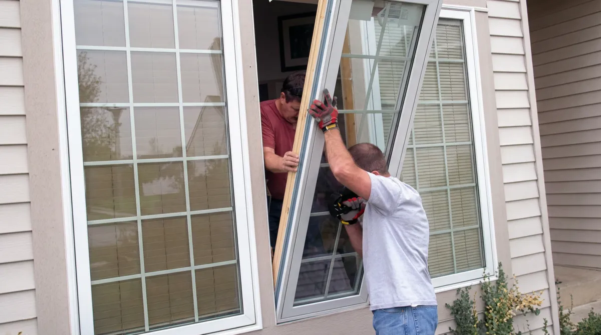 Professional home remodeling team installing a large replacement window on a house with tan siding in Wichita, KS
