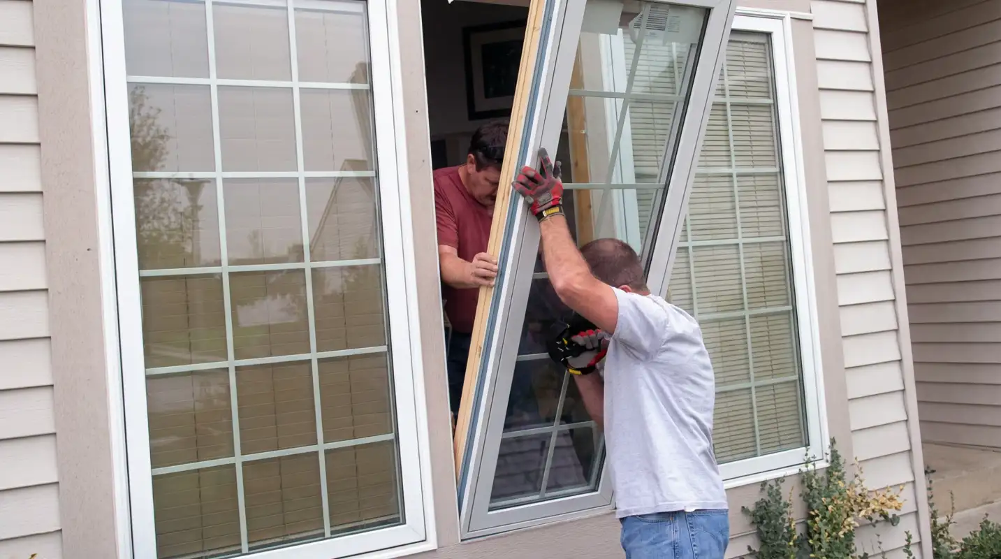Professional home remodeling team installing a large replacement window on a house with tan siding in Wichita, KS
